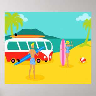 Retro Surfer Couple Poster