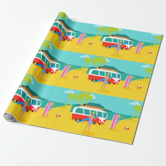 Retro Surfer Couple Wrapping Paper Cadeaupapier (Uitgerold)