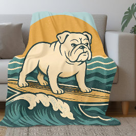 Retro Surfer Dog Art Blue Coastal Surfing Bulldog Fleece Deken