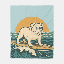 Retro Surfer Dog Blue Coastal Surfing Bulldog Art