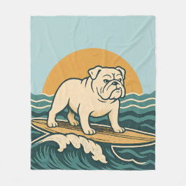 Retro Surfer Dog Blue Coastal Surfing Bulldog Art Fleece Deken