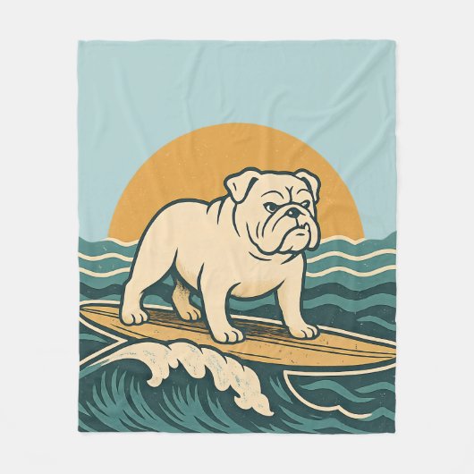 Retro Surfer Dog Blue Coastal Surfing Bulldog Art Fleece Deken (Voorkant)