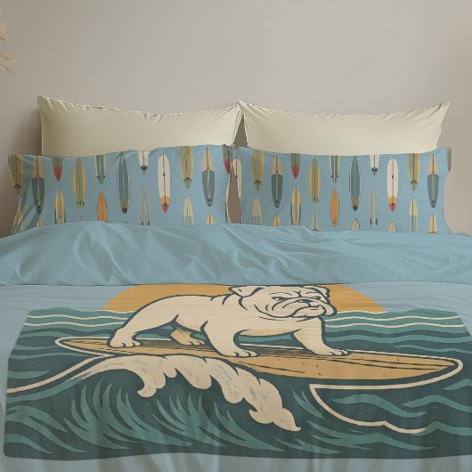 Retro Surfer Dog | Blue Surfing Bulldog Reversible Kussensloop