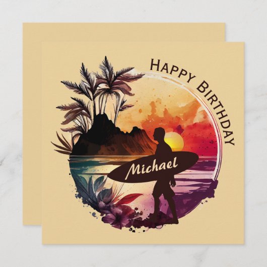 Retro Surfer Sunset Beach Birthday Kaart (Voorkant / Achterkant)