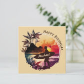 Retro Surfer Sunset Beach Birthday Kaart (Staand voorkant)