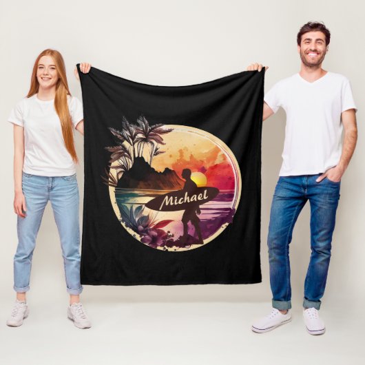 Retro Surfer Sunset Beach Fleece Deken (In situ)