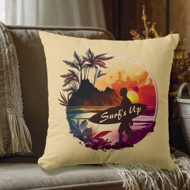 Retro Surfer Sunset Beach Kussen (Creator heeft geüpload)