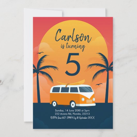 Retro Surfing Birthday Invitation Kaart (Voorkant)