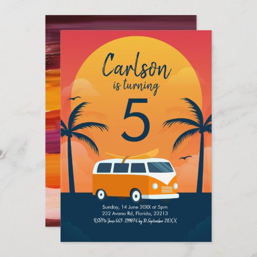 Retro Surfing Birthday Invitation Kaart (Voorkant / Achterkant)