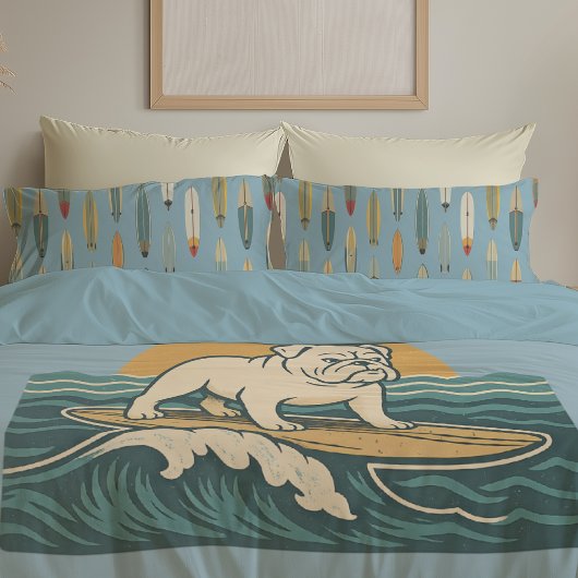 Retro Surfing Dog -Reversible Surfboard Print Blue Kussensloop