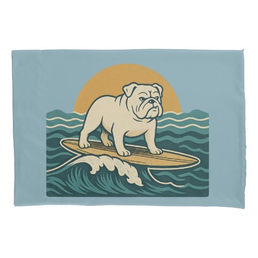 Retro Surfing Dog -Reversible Surfboard Print Blue Kussensloop (Voorkant)