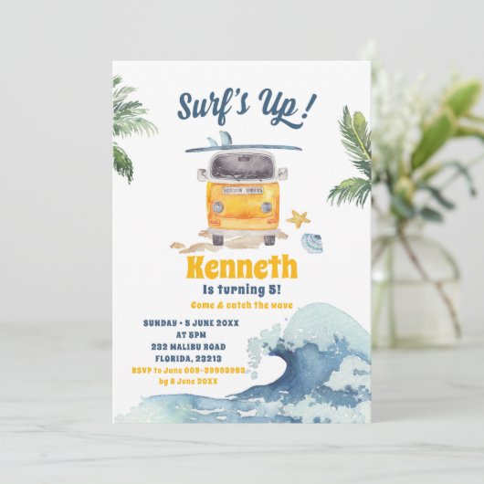Retro Surfing Kind Birthday Uitnodiging (Staand voorkant)