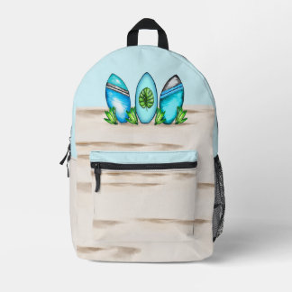 Retro surfplanken in het zand bedrukte rugzak