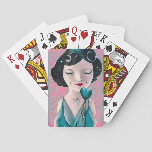 Retro Surreal Art Deco Blauwgroen Heart Lady Pokerkaarten (Achterkant)
