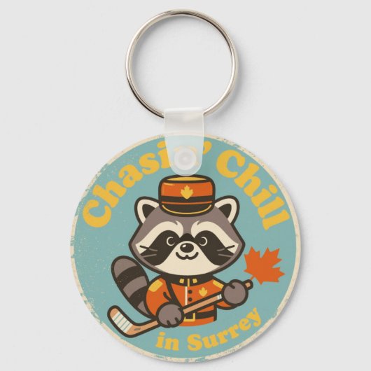 Retro Surrey BC Raccoon and Hockey Stick Sleutelhanger (Voorkant)
