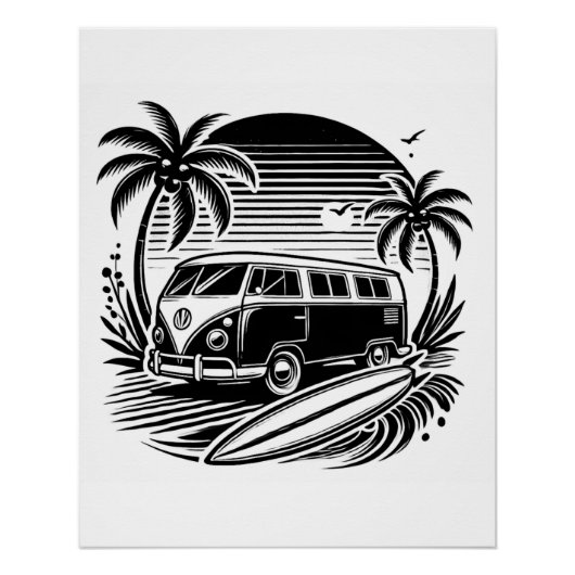Retro Surven Van & Palm Trees Design Glossy Poster (Voorkant)