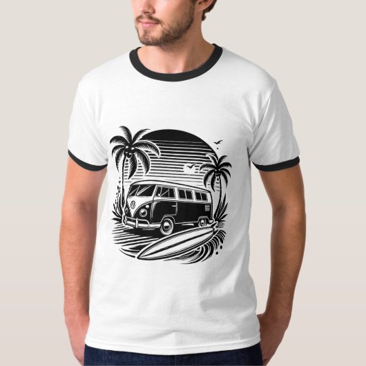 Retro Surven Van & Palm Trees Design T-shirt (Voorkant)