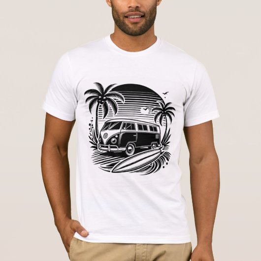 Retro Surven Van & Palm Trees Design T-shirt (Voorkant)