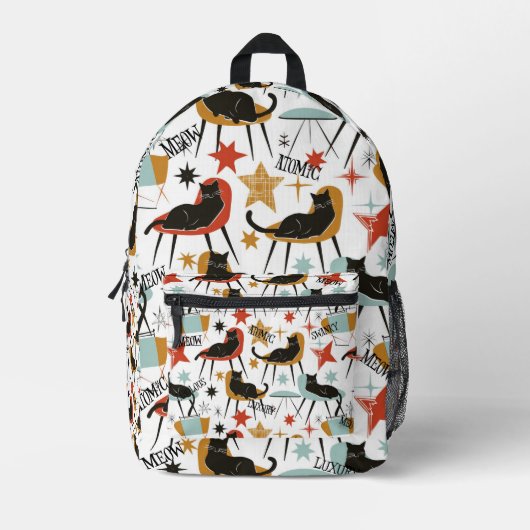 Retro Swanky Black Cat in Atomic MCM Backpack Bedrukte Rugzak (Voorkant)