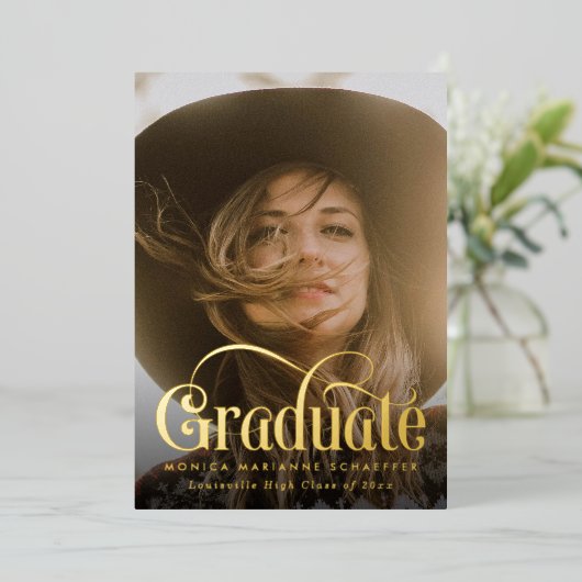 Retro Swash Gold Foil Foto Afstuderen Folie Invita Folie Uitnodiging (Staand Voorkant)