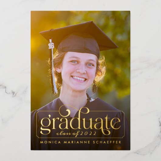 Retro Swash Gold Foil Foto Afstuderen Folie Uitnodiging (Voorkant)