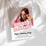 Retro Sweet Zestien Verjaardag Uitnodiging<br><div class="desc">Maak haar Sweet 16 onvergetelijk! Deze stijlvolle zoete zestien uitnodiging is voorzien van speelse roze en gele strepen, gedurfde moderne belettering en een plek voor een aangepaste foto. Het is de perfecte manier om de toon te zetten voor een leuk en fantastisch verjaardagsfeest dat ze altijd zal onthouden. Gemakkelijk te...</div>