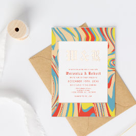 Retro Swirl Abstract Patroon Roos Goud Monogram Folie Uitnodiging