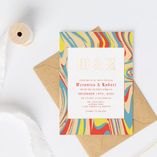 Retro Swirl Abstract Patroon Roos Goud Monogram Folie Uitnodiging