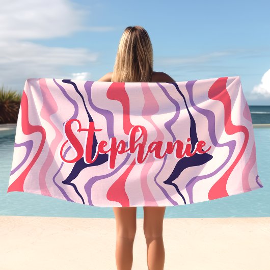 Retro Swirl Abstract Wave Roze Paarse Aangepaste N Strandlaken
