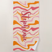 Retro Swirl Abstract Wave Roze Sinaasappel Aangepa Strandlaken (Voorkant)