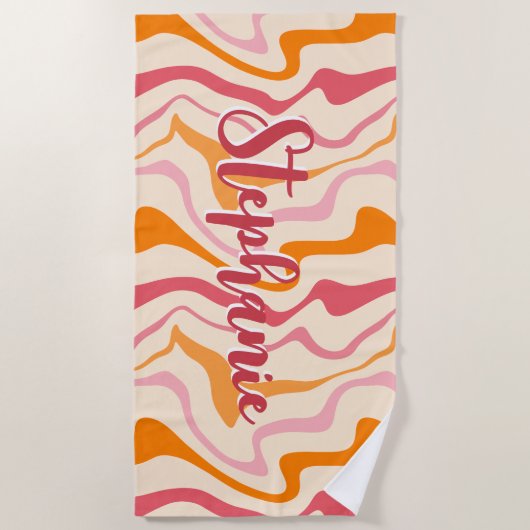 Retro Swirl Abstract Wave Roze Sinaasappel Aangepa Strandlaken (Voorkant)