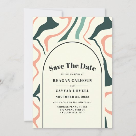 Retro Swirl Arch Mint Groen Roze Bewaar de datum Kaart (Voorkant)