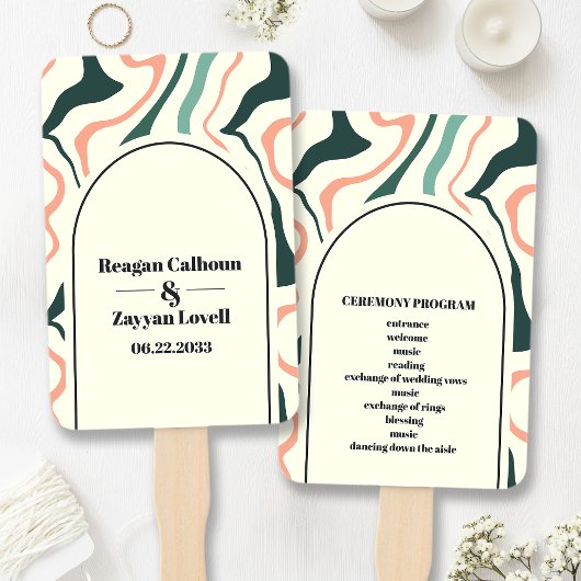 Retro Swirl Arch Mint Groen Roze Bruiloft Programm Handwaaier