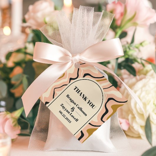 Retro Swirl Arch Roze Zwart Goud Bruiloft Dank u Bedankjes Labels