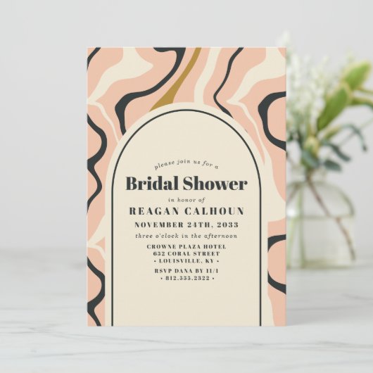 Retro Swirl Arch Roze Zwart Goud Vrijgezellenfeest Kaart (Staand voorkant)