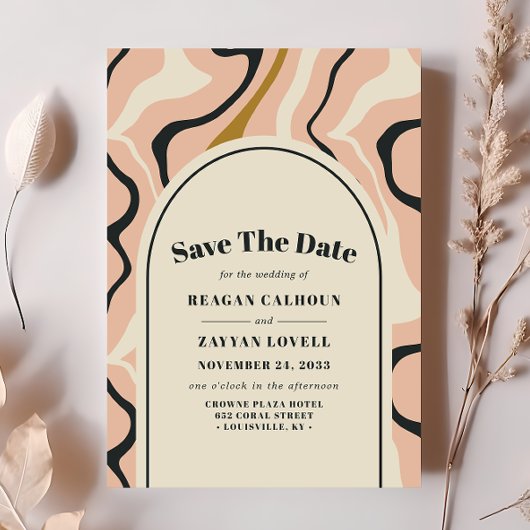 Retro Swirl Arch Roze Zwart Save The Date Kaart