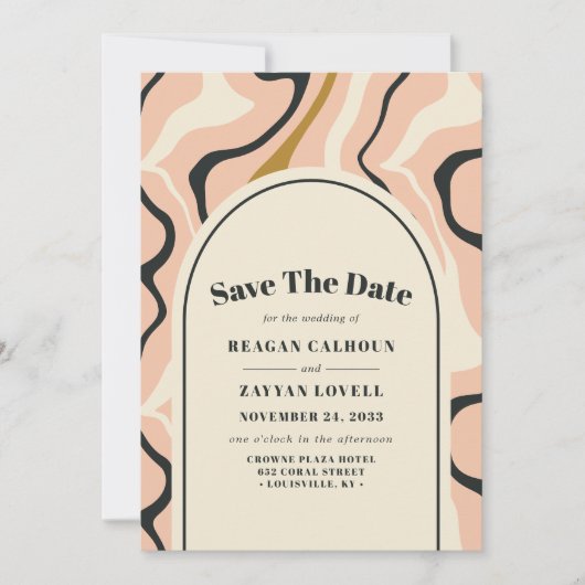 Retro Swirl Arch Roze Zwart Save The Date Kaart (Voorkant)
