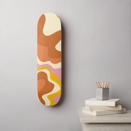 Retro Swirls Geometric Boho 70s Peach & Brown Persoonlijk Skateboard (Muurkunst)