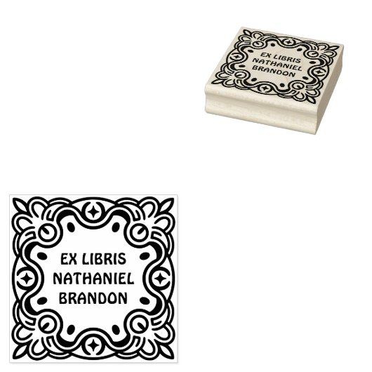 Retro Swirls Wooden Ex Libris Art Stamp Rubberstempel (Gestempeld)