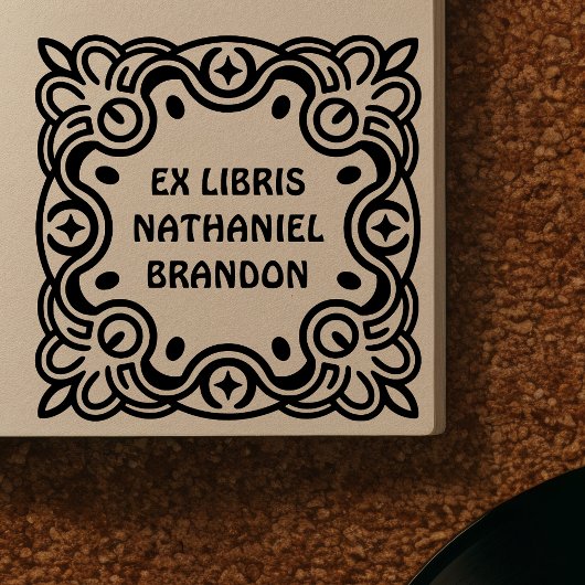 Retro Swirls Wooden Ex Libris Art Stamp Rubberstempel