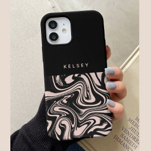 Retro Swirls Zwart & Crème Gepersonaliseerd iPhone 15 Case