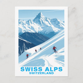 Retro Swiss Alps Skiing, Switzerland Travel Briefkaart