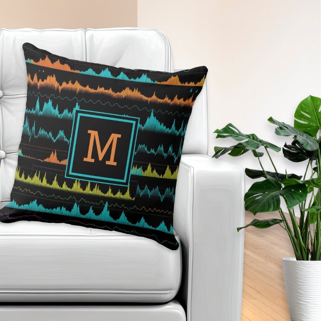 Retro Synthwave Abstract Geluids Golfpatroon Kussen (A stylish monogrammed throw pillow with pattern in the style of audio sound waves)