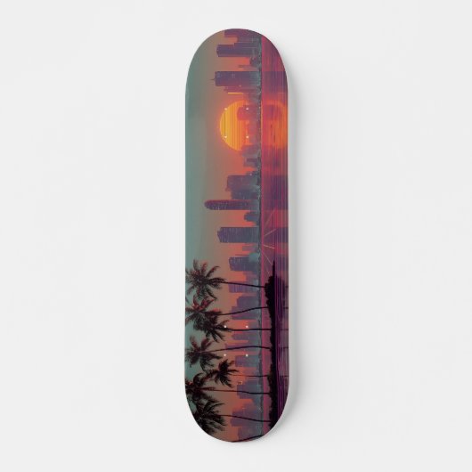 Retro Synthwave Cityscape Sunset Persoonlijk Skateboard (Voorkant)
