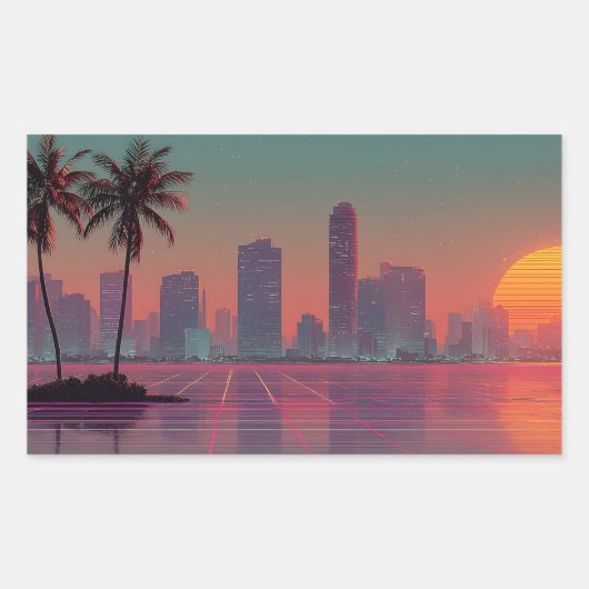 Retro Synthwave Cityscape Sunset Rechthoekige Sticker (Voorkant)