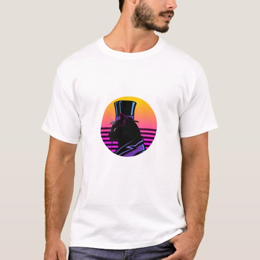 Retro Synthwave Heer Kat in Hoed - Neon Pak T-shirt (Voorkant)