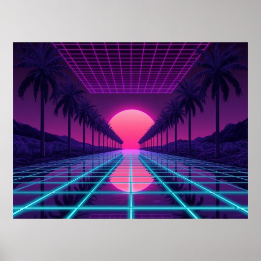 Retro Synthwave Horizon - Neon Grid & Palms Poster (Voorkant)