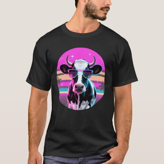 Retro Synthwave Koe Zonnebril Vee T-shirt (Voorkant)