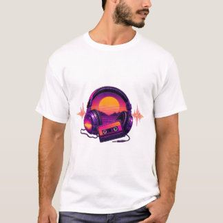 Retro Synthwave Kopfhörer Im Sonnenuntergang T-shirt