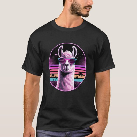 Retro Synthwave Lama Zonnebril Lamas T-shirt (Voorkant)